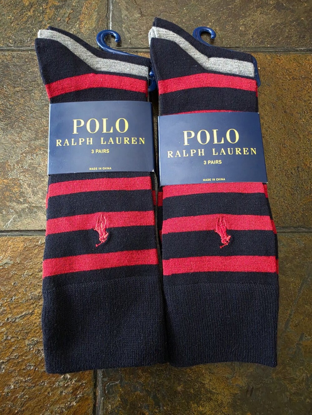 Polo Ralph Lauren Striped/Solid Socks (3 Pairs) Navy Multi Lot Of 2 NEW With Tag